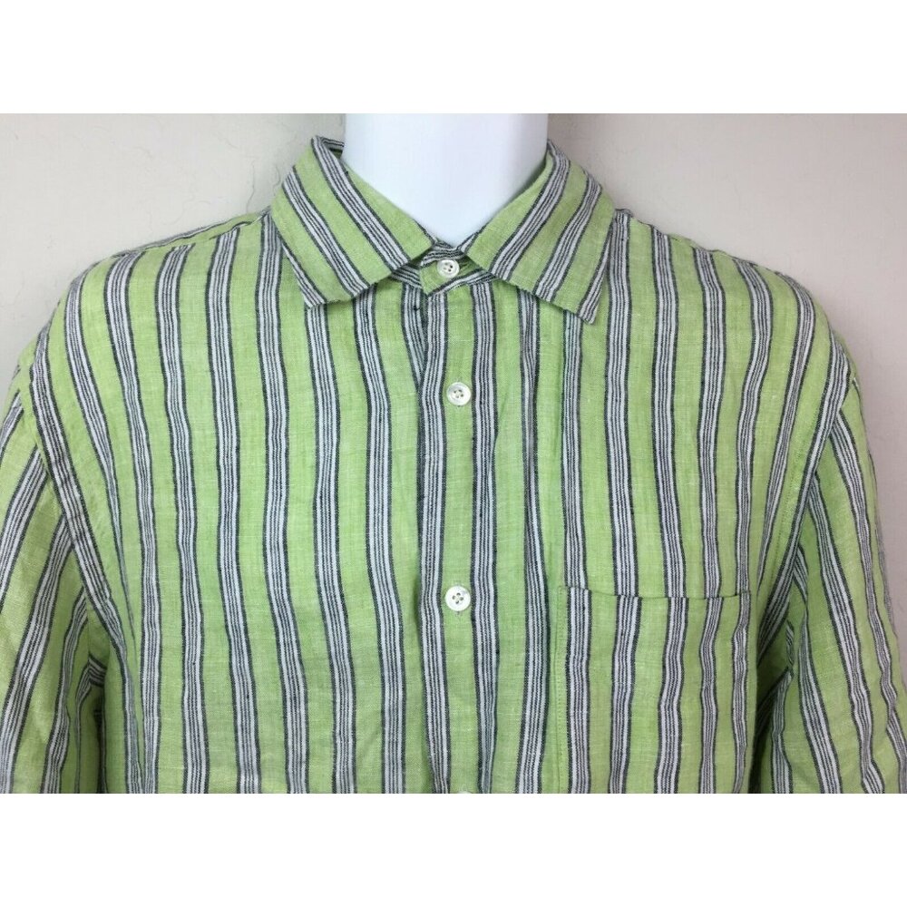 Express Mens Irish Linen Green Blue Striped Button-Up Shirt Size Large